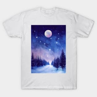 Winter landscape with pink moon - watercolor T-Shirt
